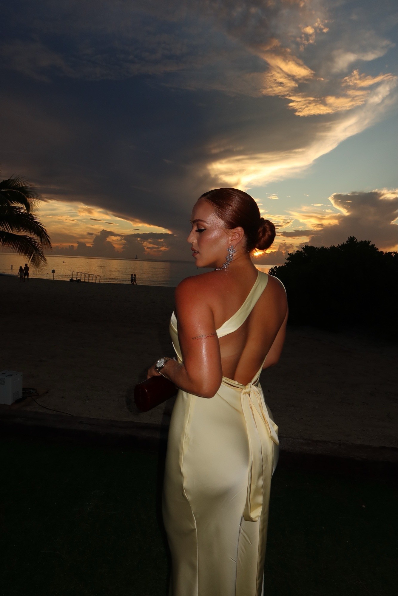 Berly in a gold gown, back view, at sunset on a Florida beach
